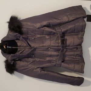 ESPRIT Gray fur trimmed detachable hood parka 4 zipper pockets belt Small